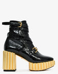Christian D1OR Black Patent Crinkle Leather Gold Platform Booties Size 37