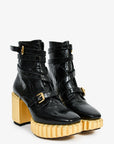 Christian D1OR Black Patent Crinkle Leather Gold Platform Booties Size 37