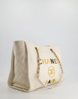 *HOT* CH White Small Deauville Tote Bag in Aged Calfskin Leather with Antique Gold Hardware and Pearl, Crystal Logo Detail