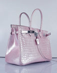 HMS Birkin 35cm 6089 New Crocodile Vein Handbags Pink Silver
