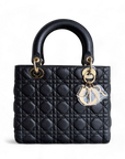 *No Strap* D1OR Lady Flap Medium - Grained Calfskin Cannage Flap Open Black Gold Hardware