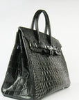 HMS Birkin 35cm Crocodile Big Veins Handbags Black Silver