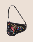 CHRISTIAN D1OR 2002 FLORAL EMBROIDERED BLACK MINI SADDLE BAG