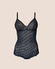 CHRISTIAN D1OR 1990s SHEER BLACK MONOGRAM BODYSUIT