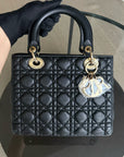 *No Strap* D1OR Lady Flap Medium - Grained Calfskin Cannage Flap Open Black Gold Hardware