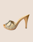 CHRISTIAN D1OR BEIGE GLOSSY WOOD PLATFORM HEELS