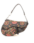 Christian D1OR Black Canvas And Leather Vintage Floral Print Saddle Bag