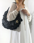 Christian D1OR Logo Charm Cut Out Leather Handbag Shoulder bag Black Vintage 54pzak