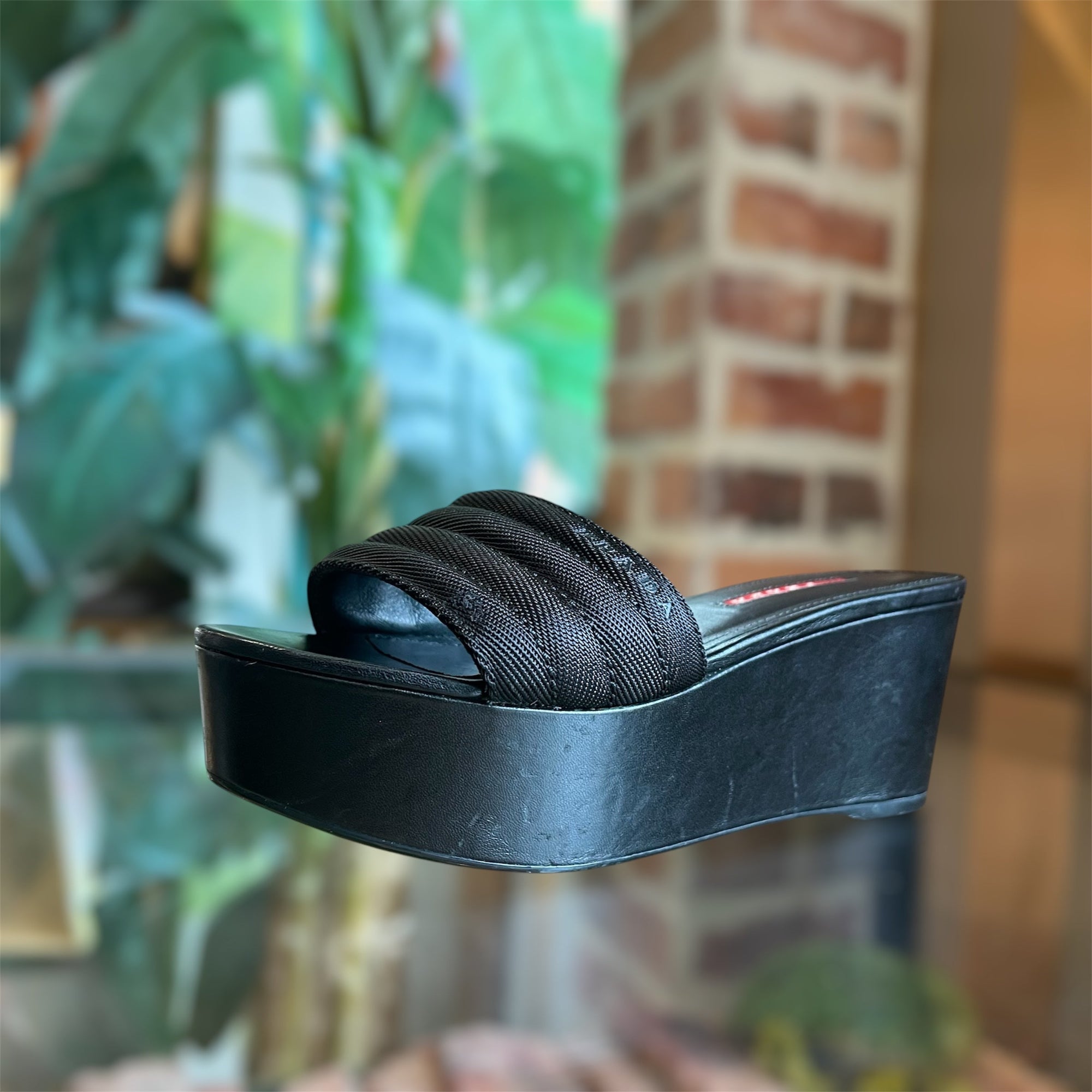 PRD Black Leather and Canvas Sandals Wedges SZ37(7US)