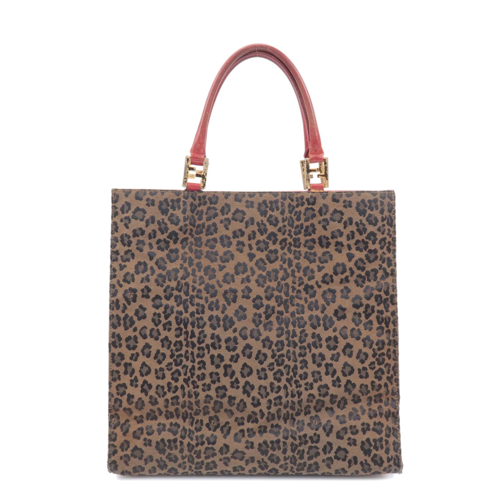 FNDI Canvas Leather Leopard Tote Bag Hand Bag Brown Red