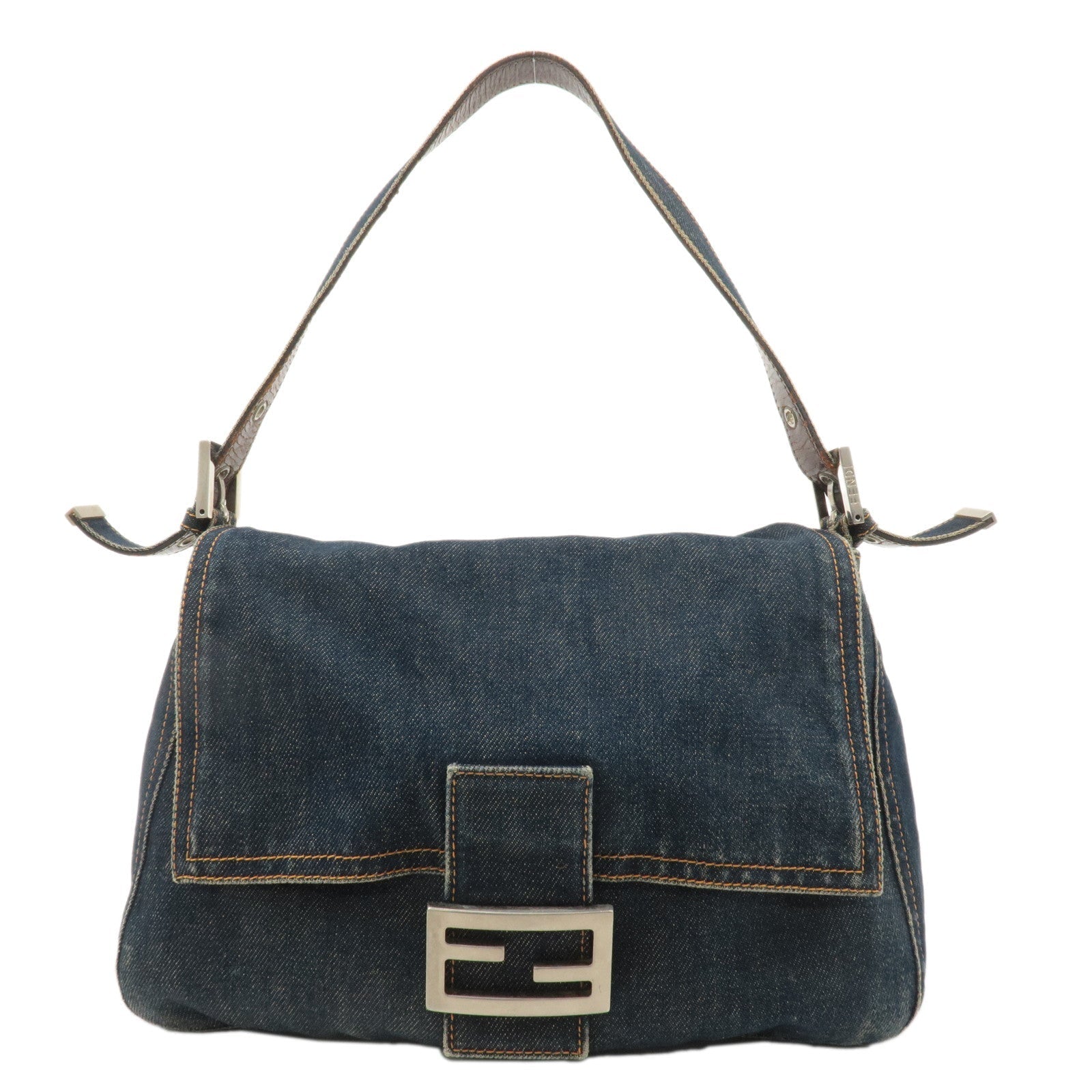 FNDI Denim Leather Mamma Baguette Shoulder Bag Blue