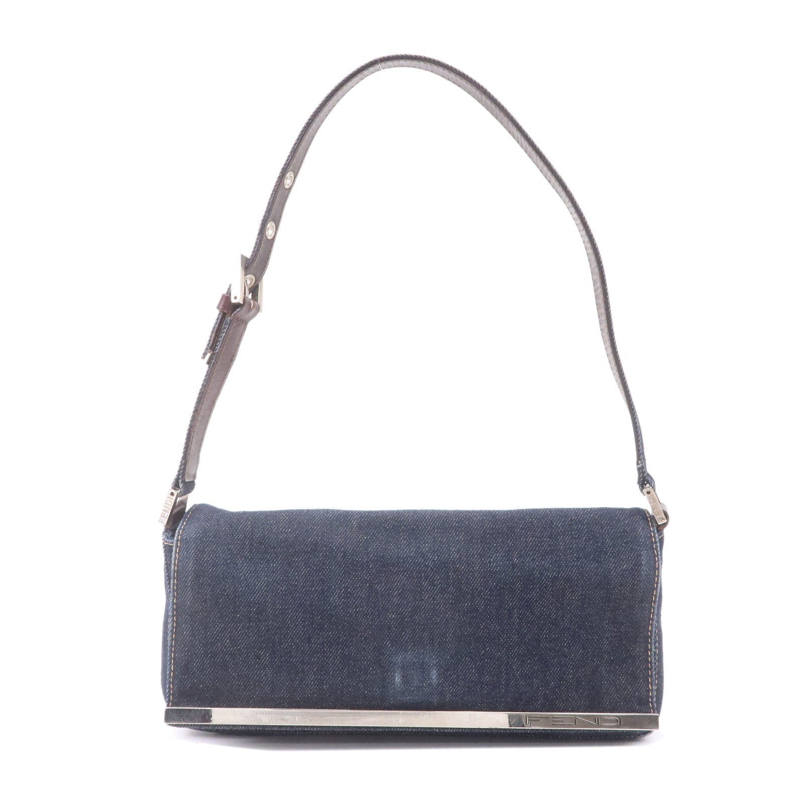 FNDI Denim Leather Shoulder Bag Hand Bag Navy Brown 26640