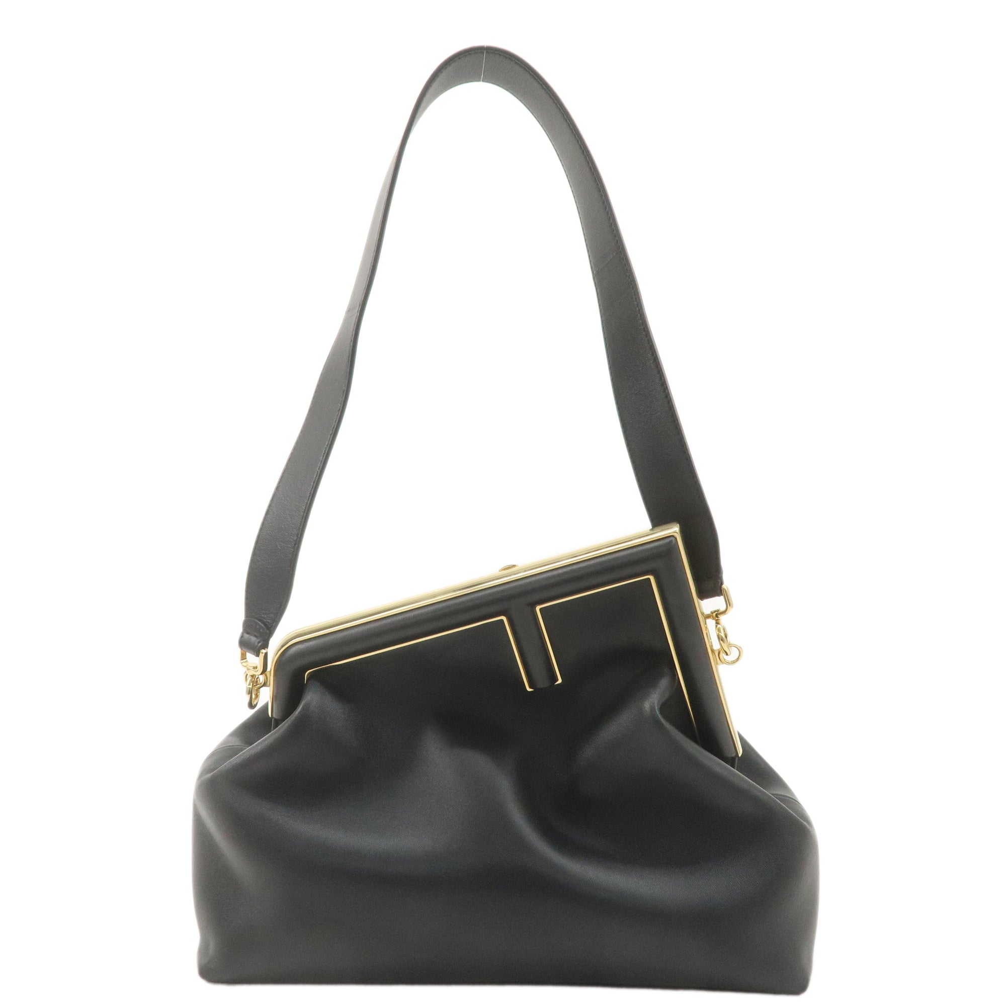 FNDI Leather First Medium 2Way Clutch Shoulder Bag Black 8BL127