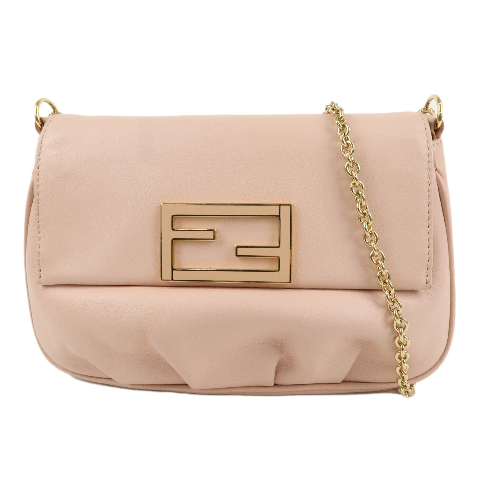 FNDI Leather Chain Shoulder Bag Purse PInk Beige 8M0276