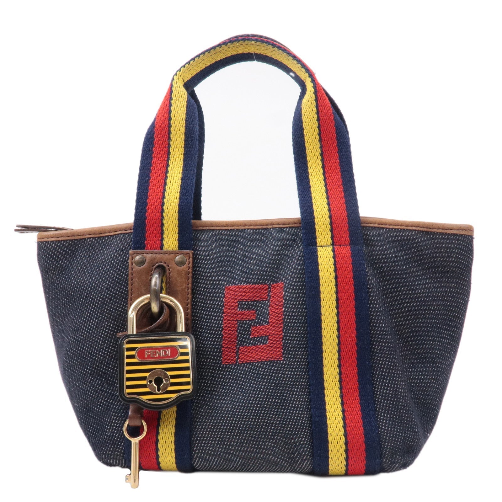 FNDI Denim Leather Hand bag Multi Color Navy 7VA165