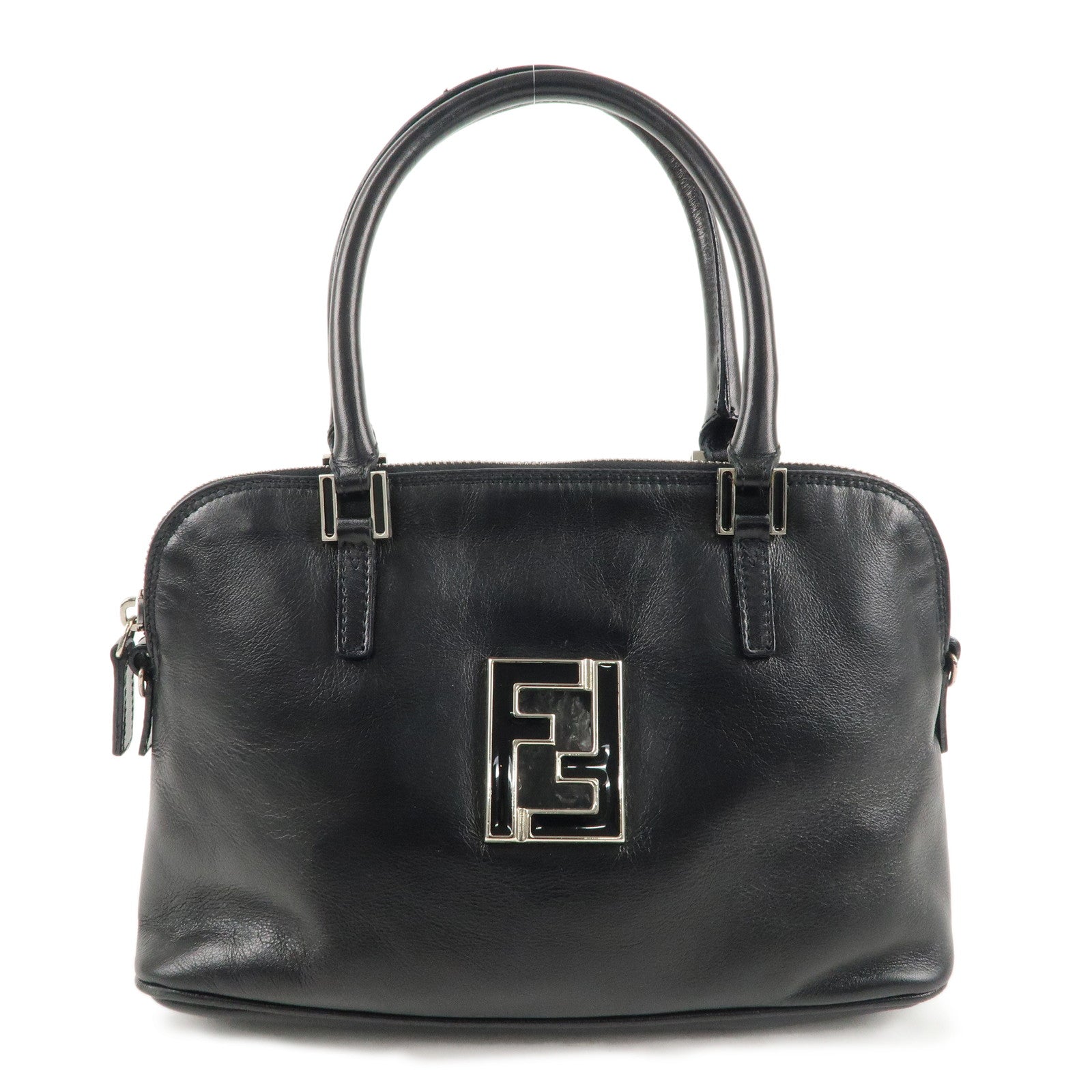 FNDI FF Logo Leather Hand Bag Silver HDW Black 15563