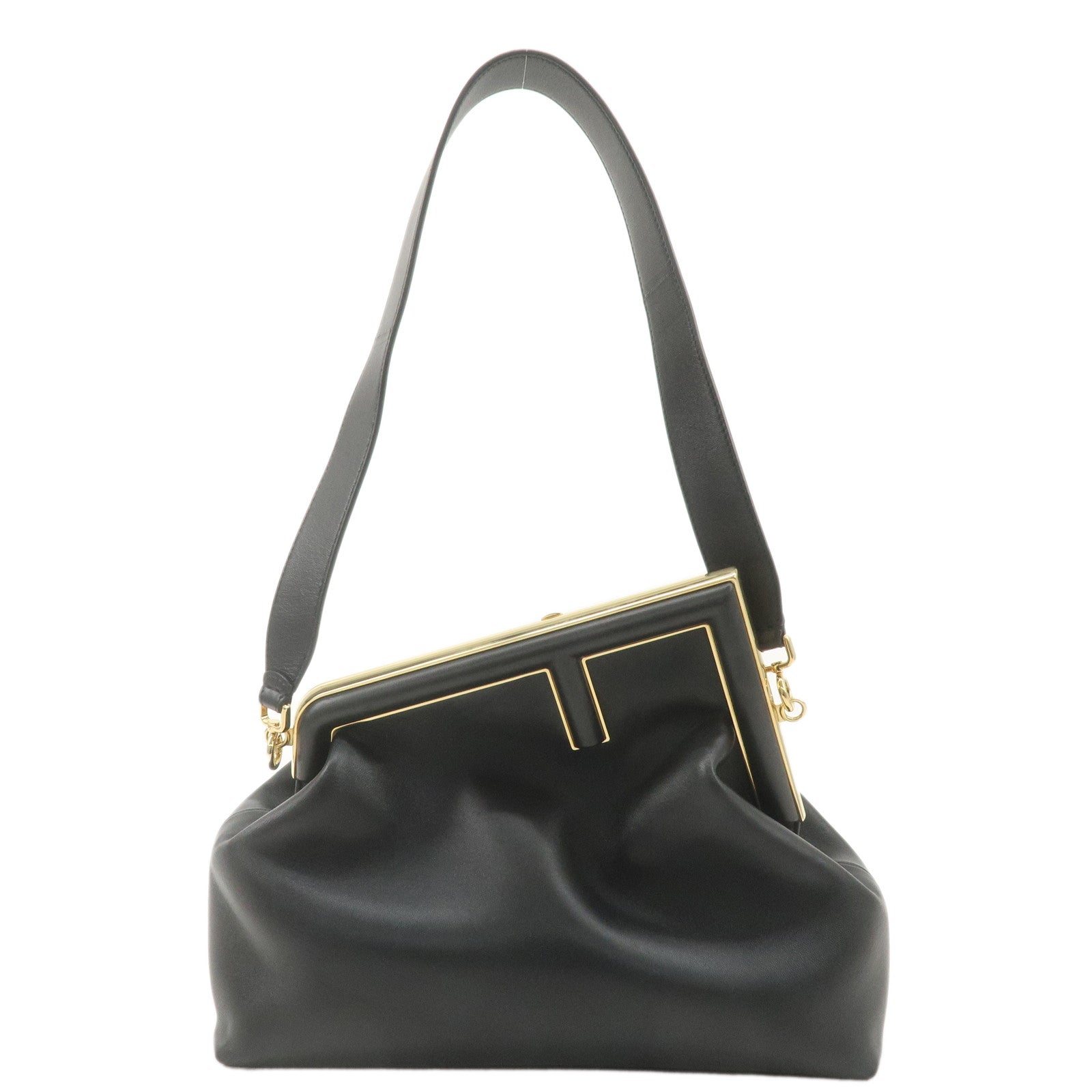 FNDI Leather First Medium 2Way Clutch Shoulder Bag Black 8BL127