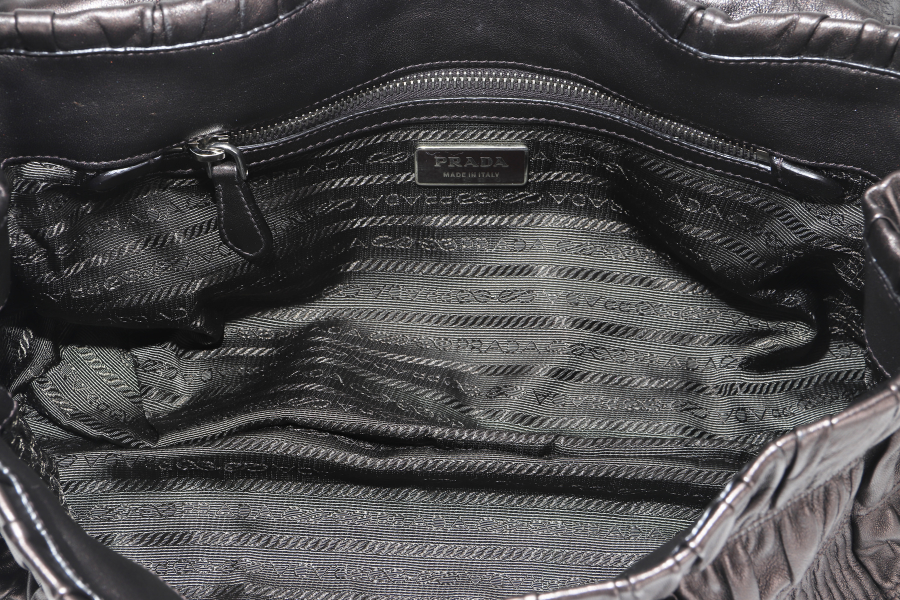 PRD BR3971 PUSHLOCK FLAP BAG METALIC GREY LEATHER SILVER HARDWARE WITH DUST COVER