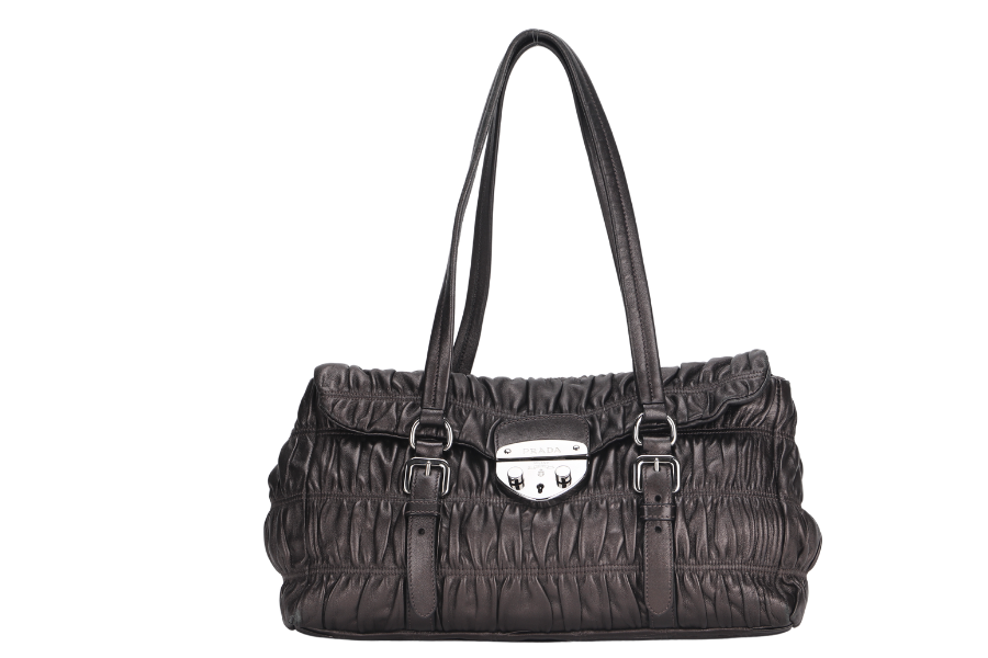 PRD BR3971 PUSHLOCK FLAP BAG METALIC GREY LEATHER SILVER HARDWARE WITH DUST COVER