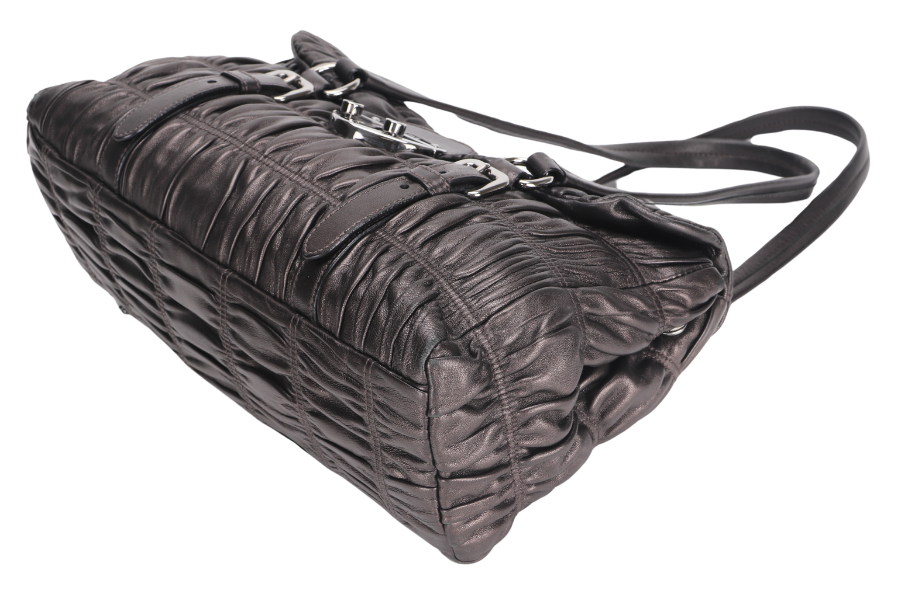 PRD BR3971 PUSHLOCK FLAP BAG METALIC GREY LEATHER SILVER HARDWARE WITH DUST COVER