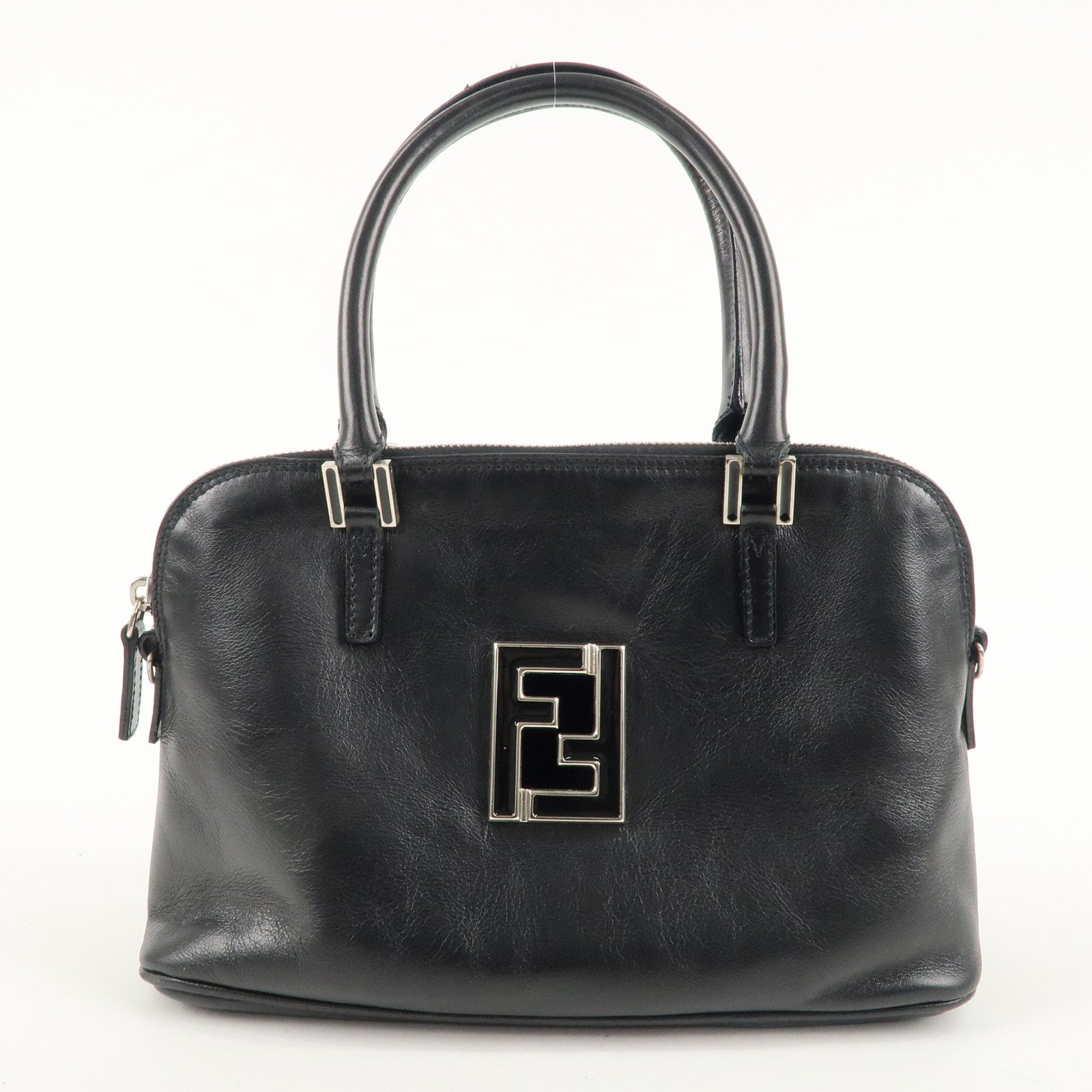 FNDI FF Logo Leather Hand Bag Silver HDW Black 15563