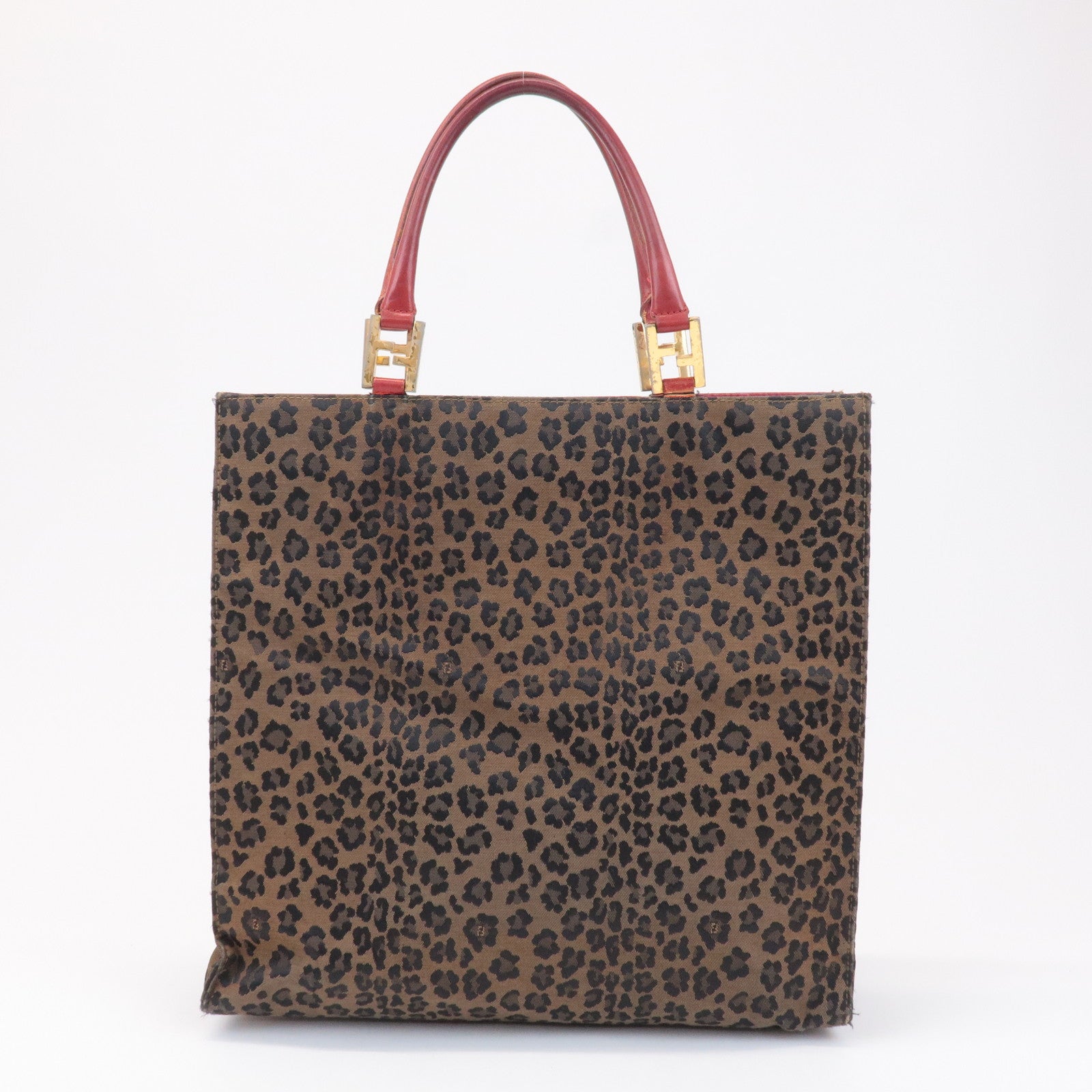 FNDI Canvas Leather Leopard Tote Bag Hand Bag Brown Red