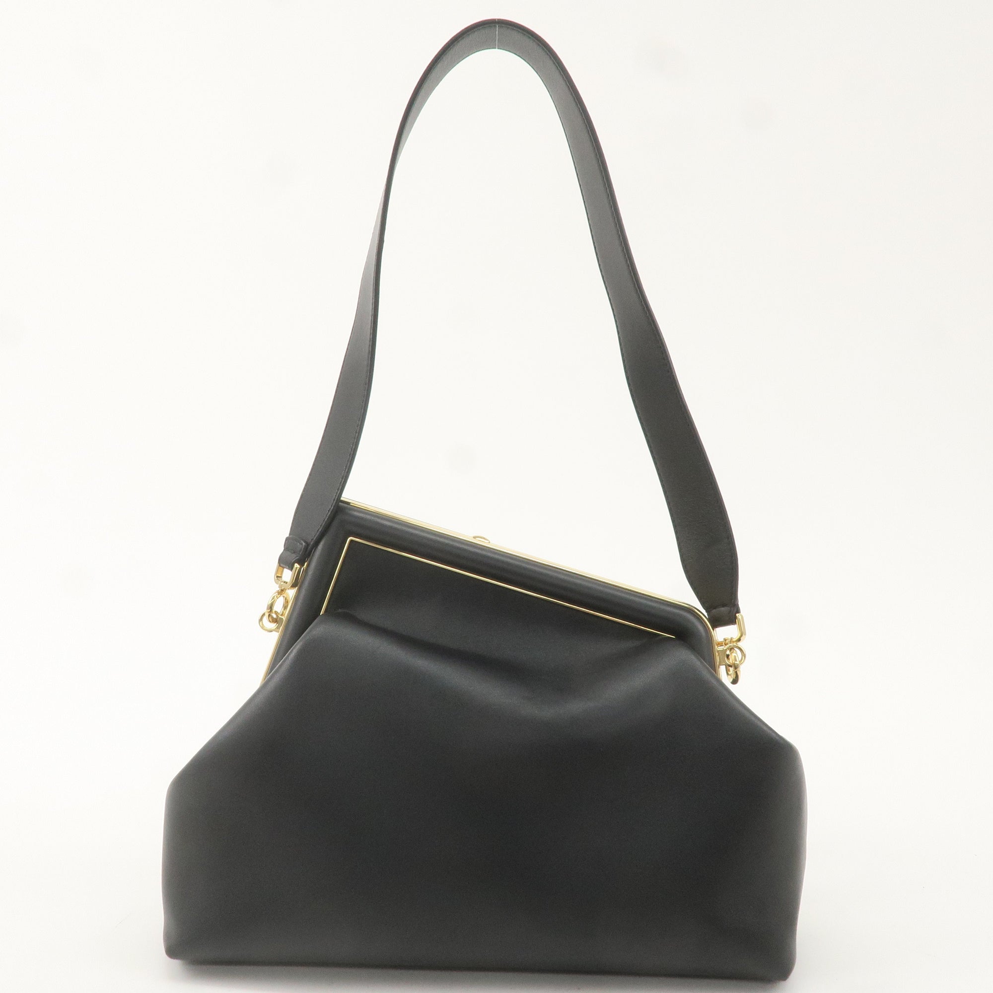FNDI Leather First Medium 2Way Clutch Shoulder Bag Black 8BL127