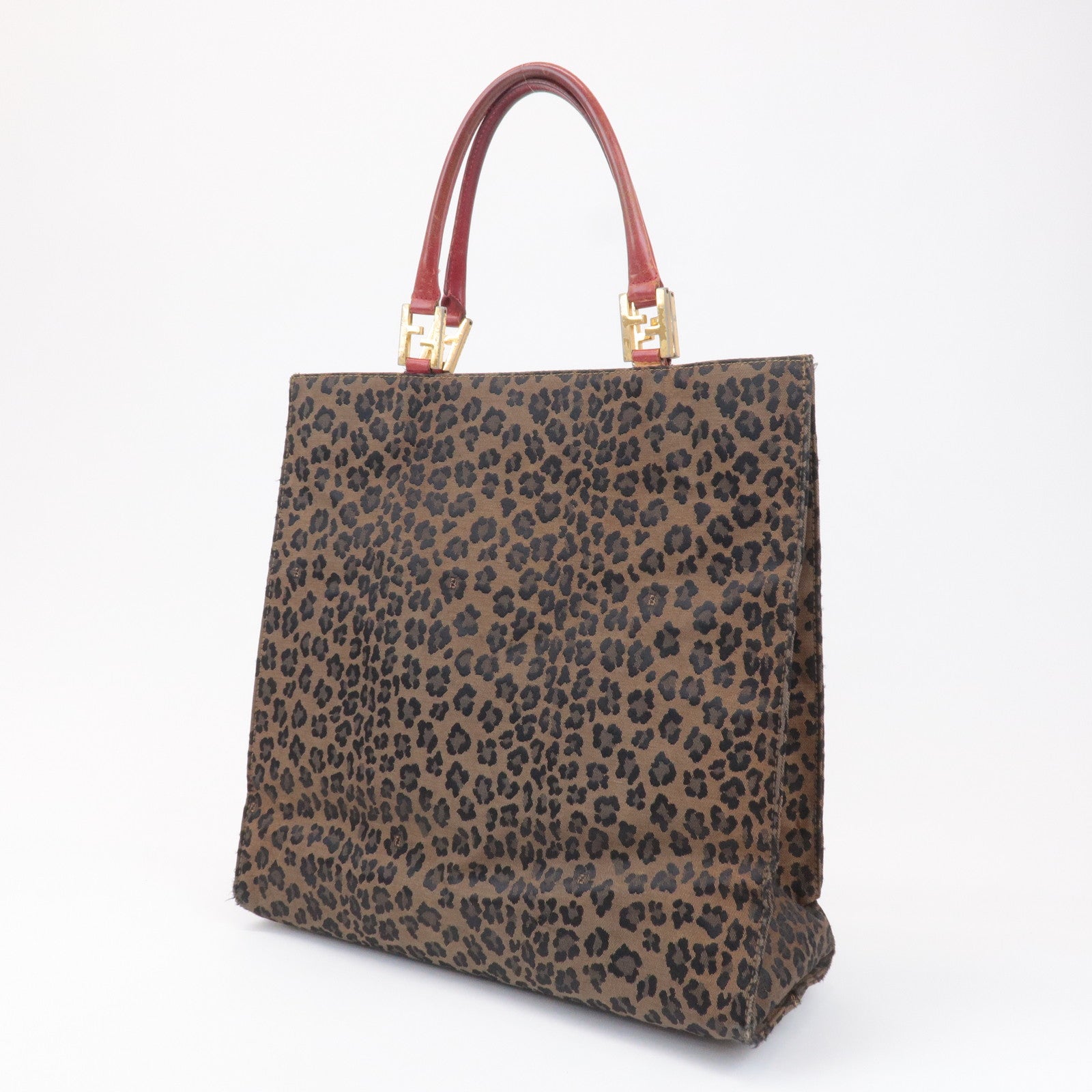 FNDI Canvas Leather Leopard Tote Bag Hand Bag Brown Red
