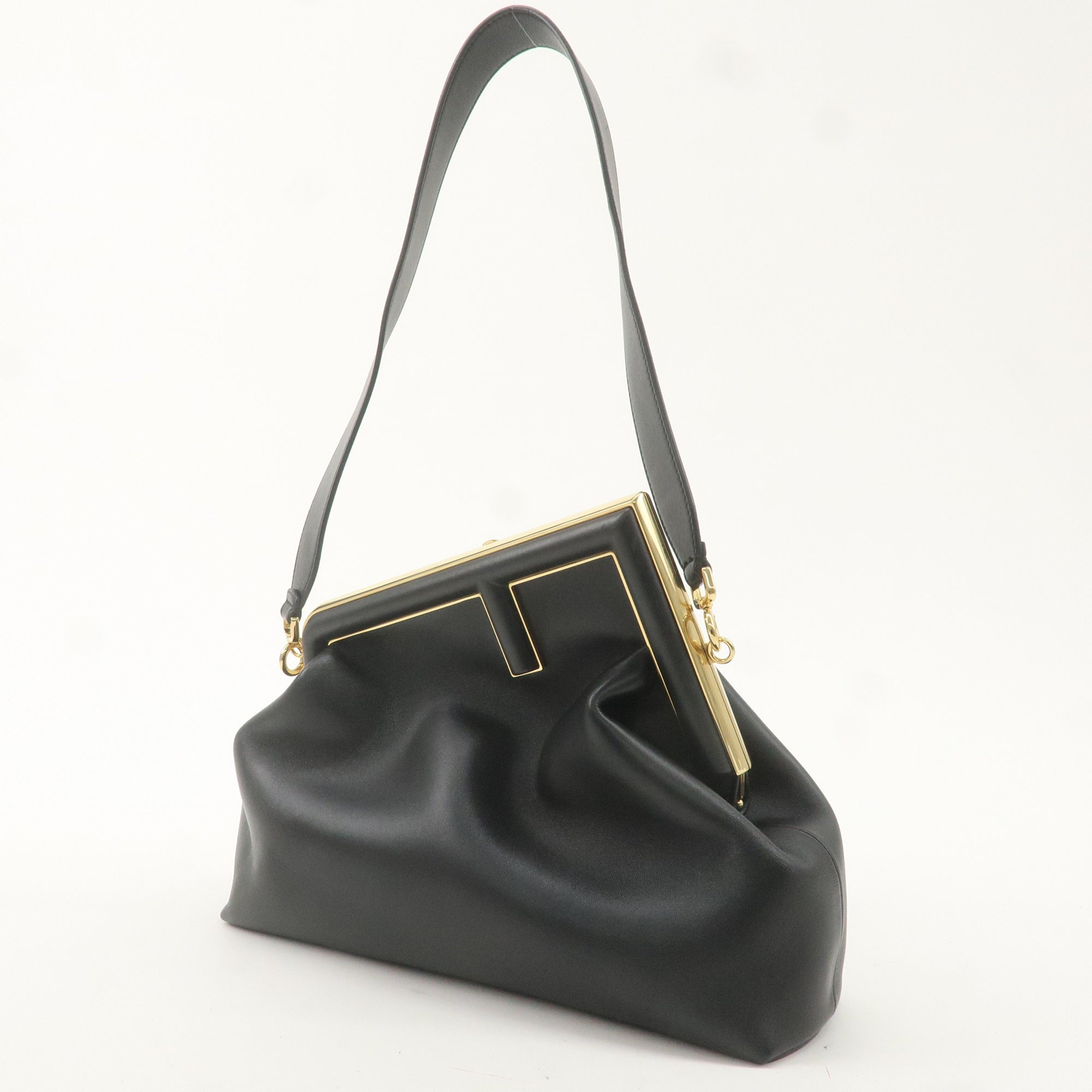 FNDI Leather First Medium 2Way Clutch Shoulder Bag Black 8BL127