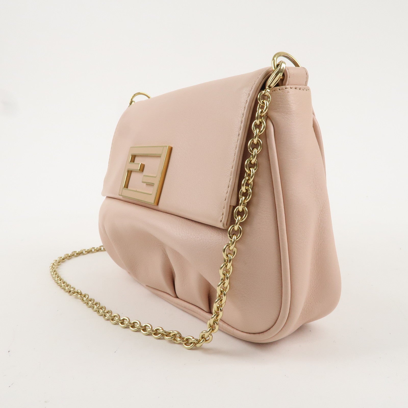FNDI Leather Chain Shoulder Bag Purse PInk Beige 8M0276