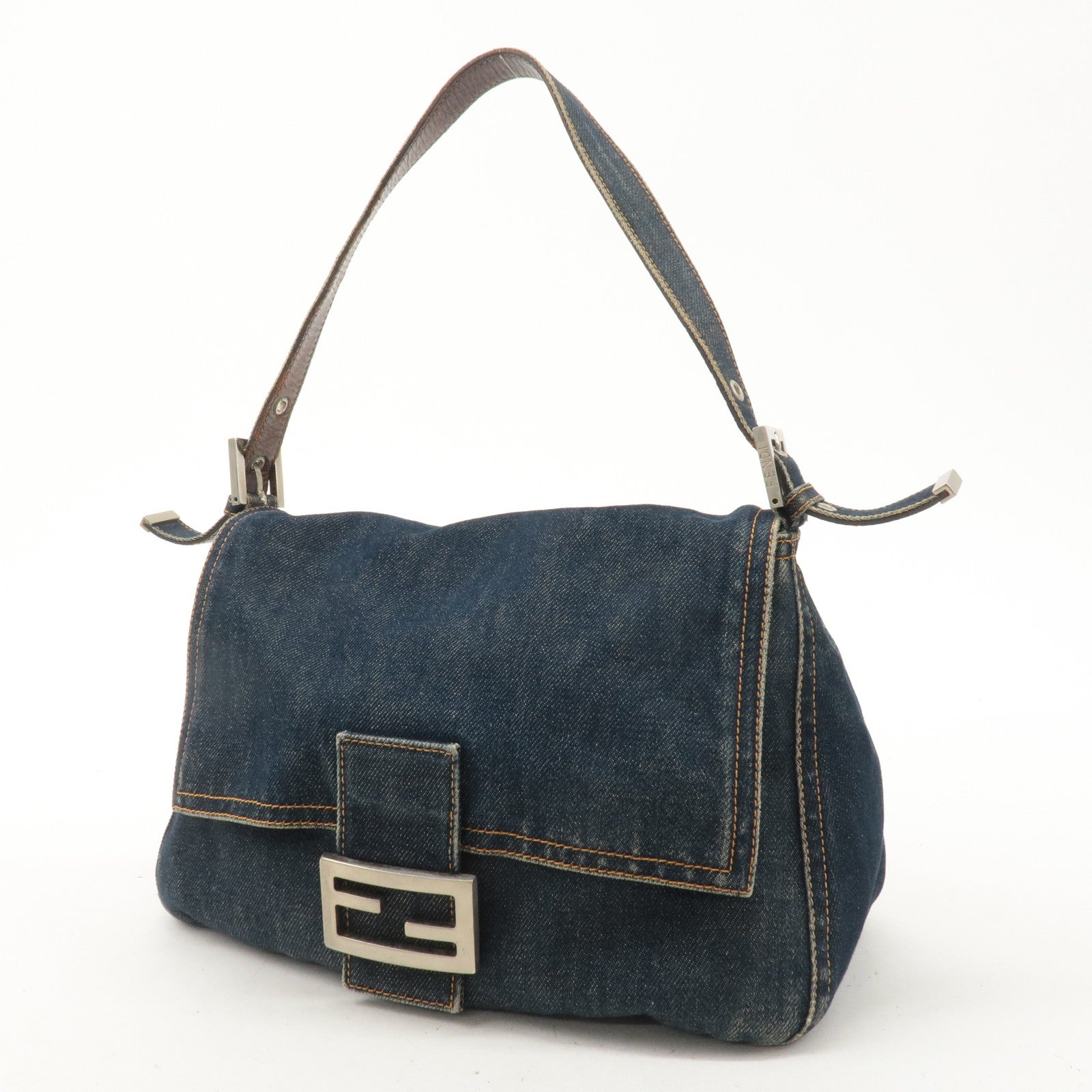 FNDI Denim Leather Mamma Baguette Shoulder Bag Blue