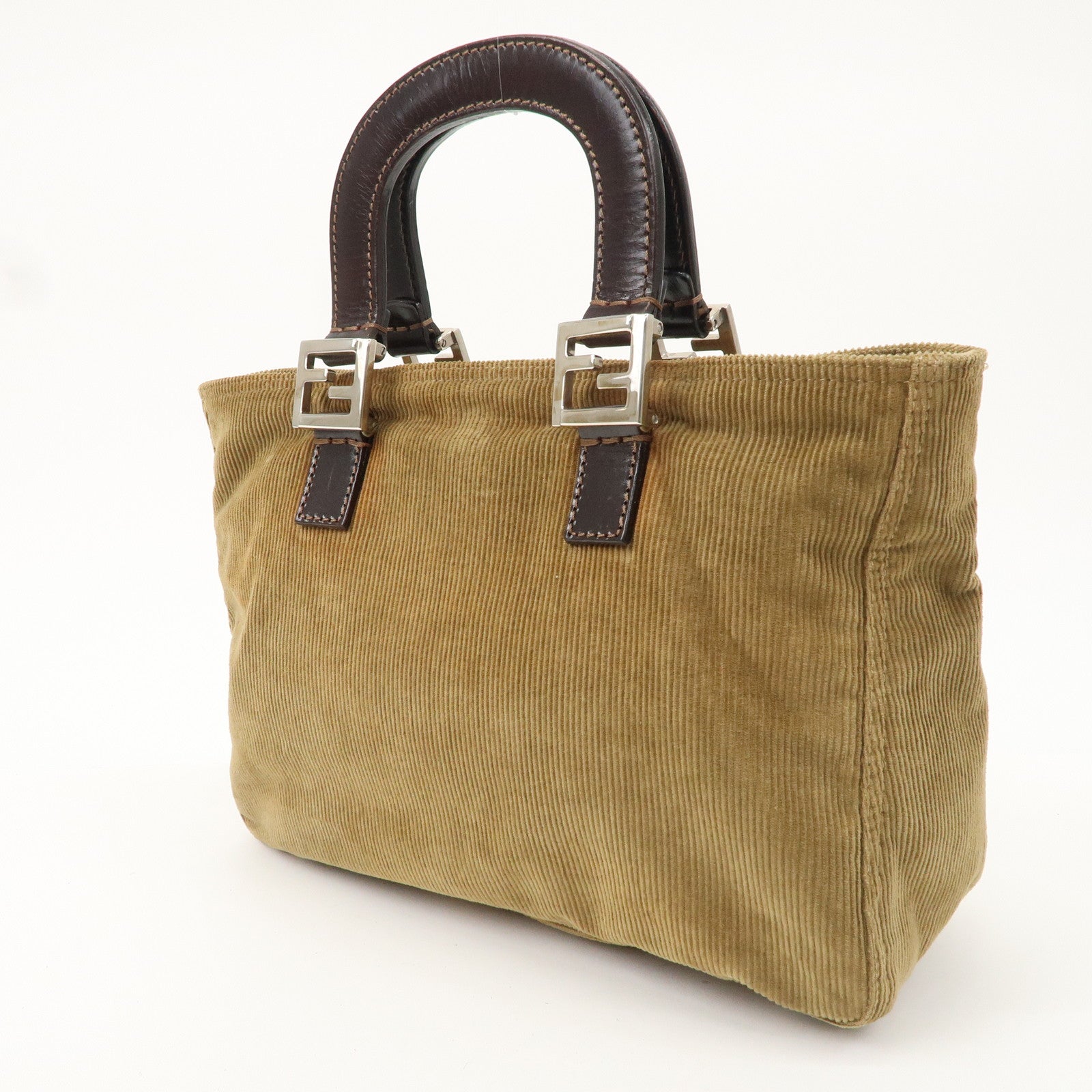 FNDI Corduroy Leather Hand Bag Tote Bag Brown 26693