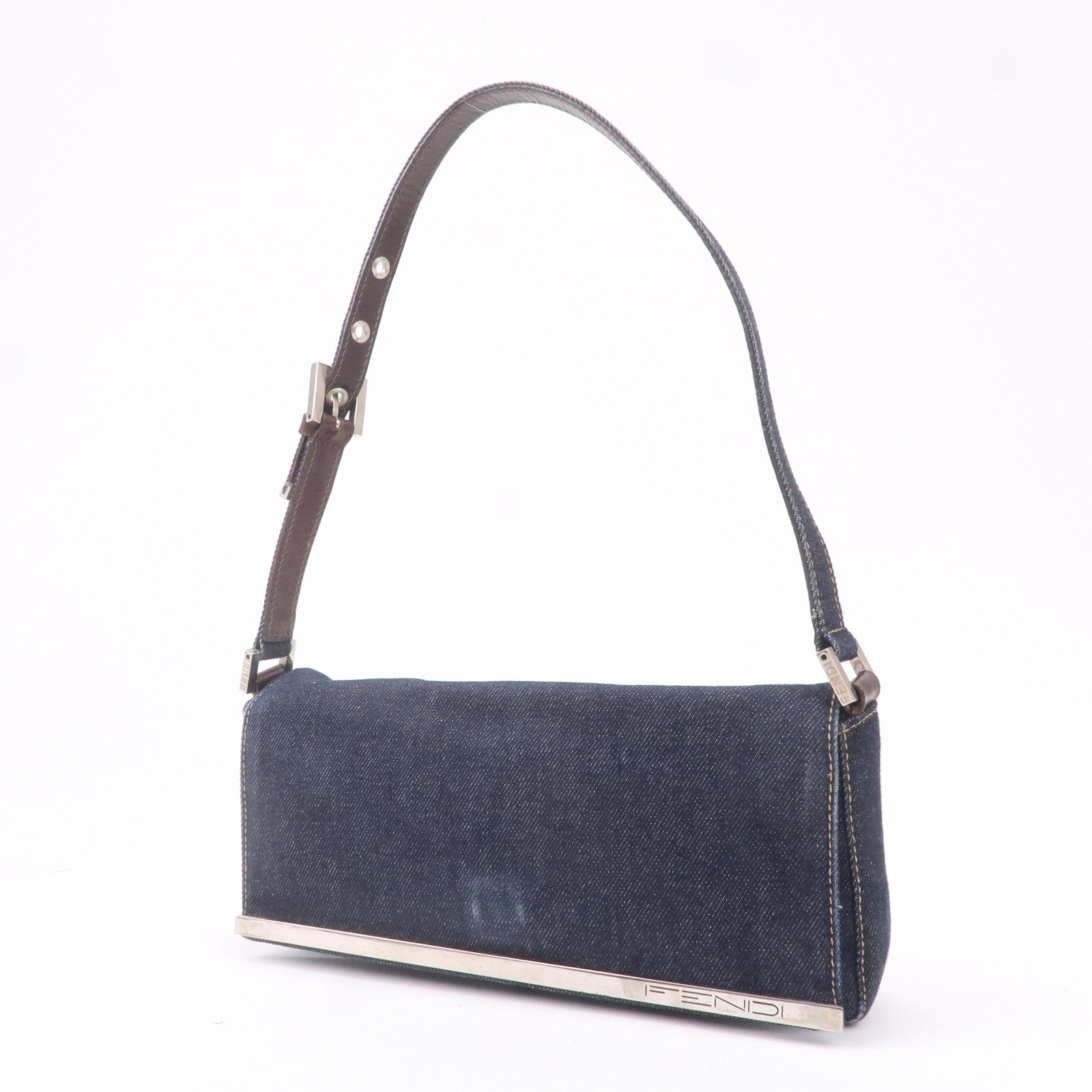 FNDI Denim Leather Shoulder Bag Hand Bag Navy Brown 26640