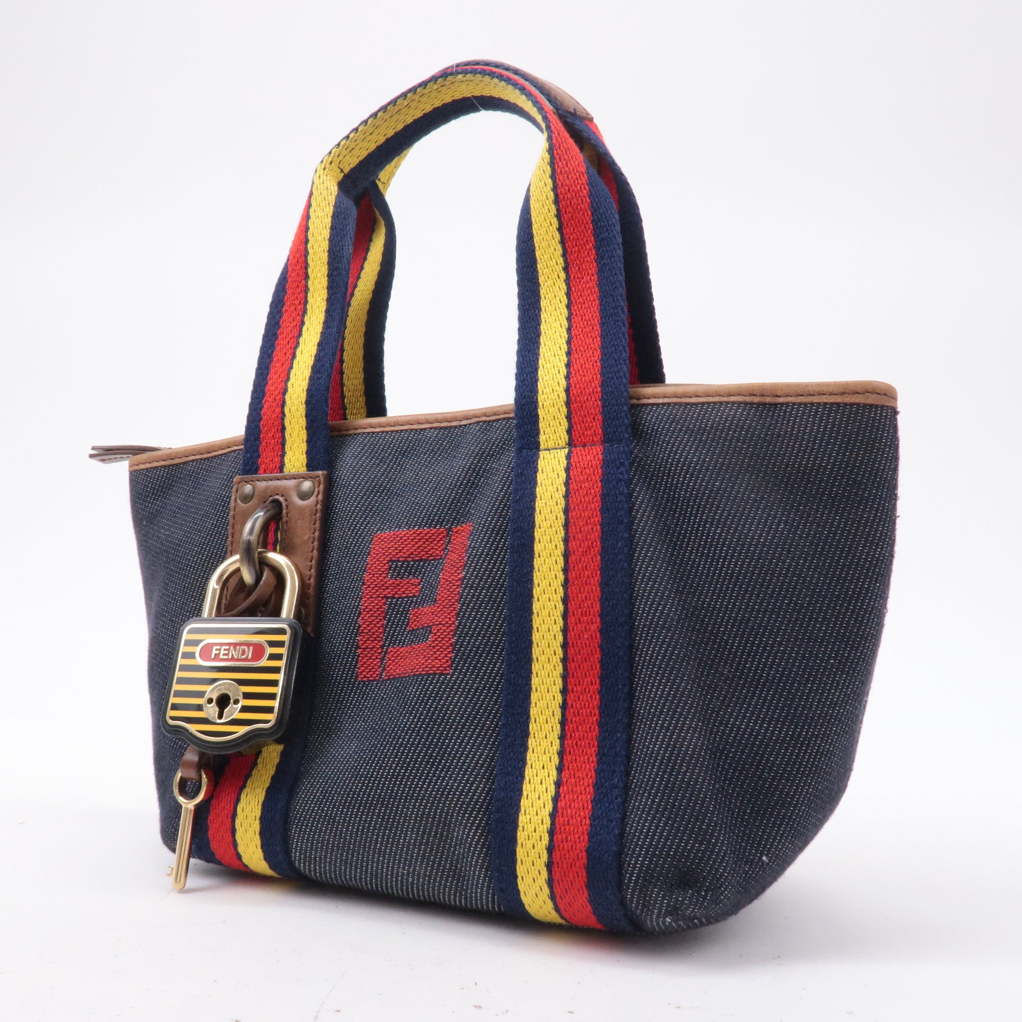 FNDI Denim Leather Hand bag Multi Color Navy 7VA165