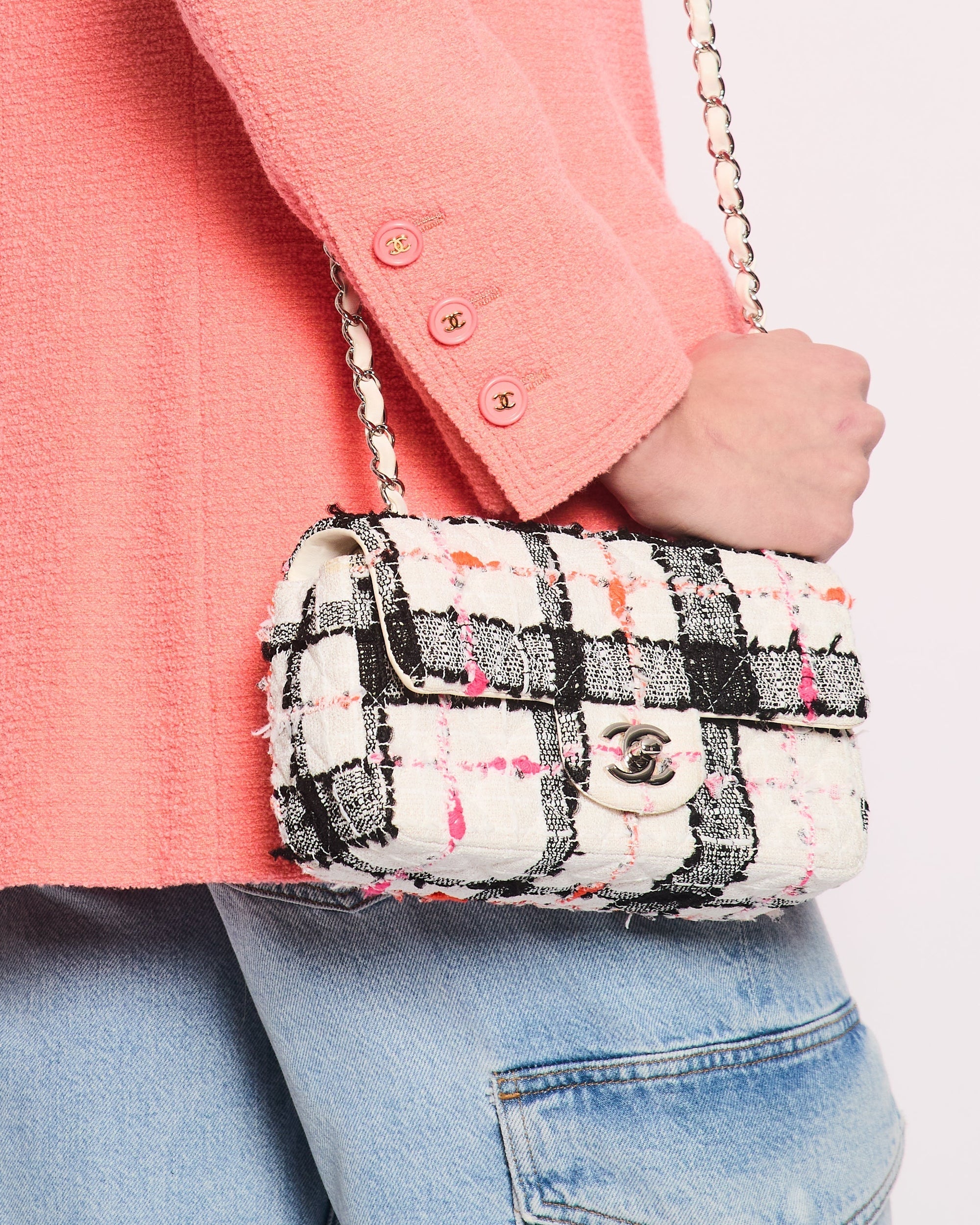 *HOT* CH White Tweed Mini Rectangular Single Flap Bag with Black &amp; White Details and Silver Hardware