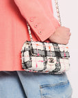 *HOT* CH White Tweed Mini Rectangular Single Flap Bag with Black & White Details and Silver Hardware