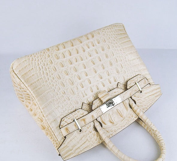 HMS Birkin 30cm Crocodile Head Vein Handbags Beige Silver