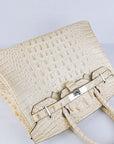 HMS Birkin 30cm Crocodile Head Vein Handbags Beige Silver