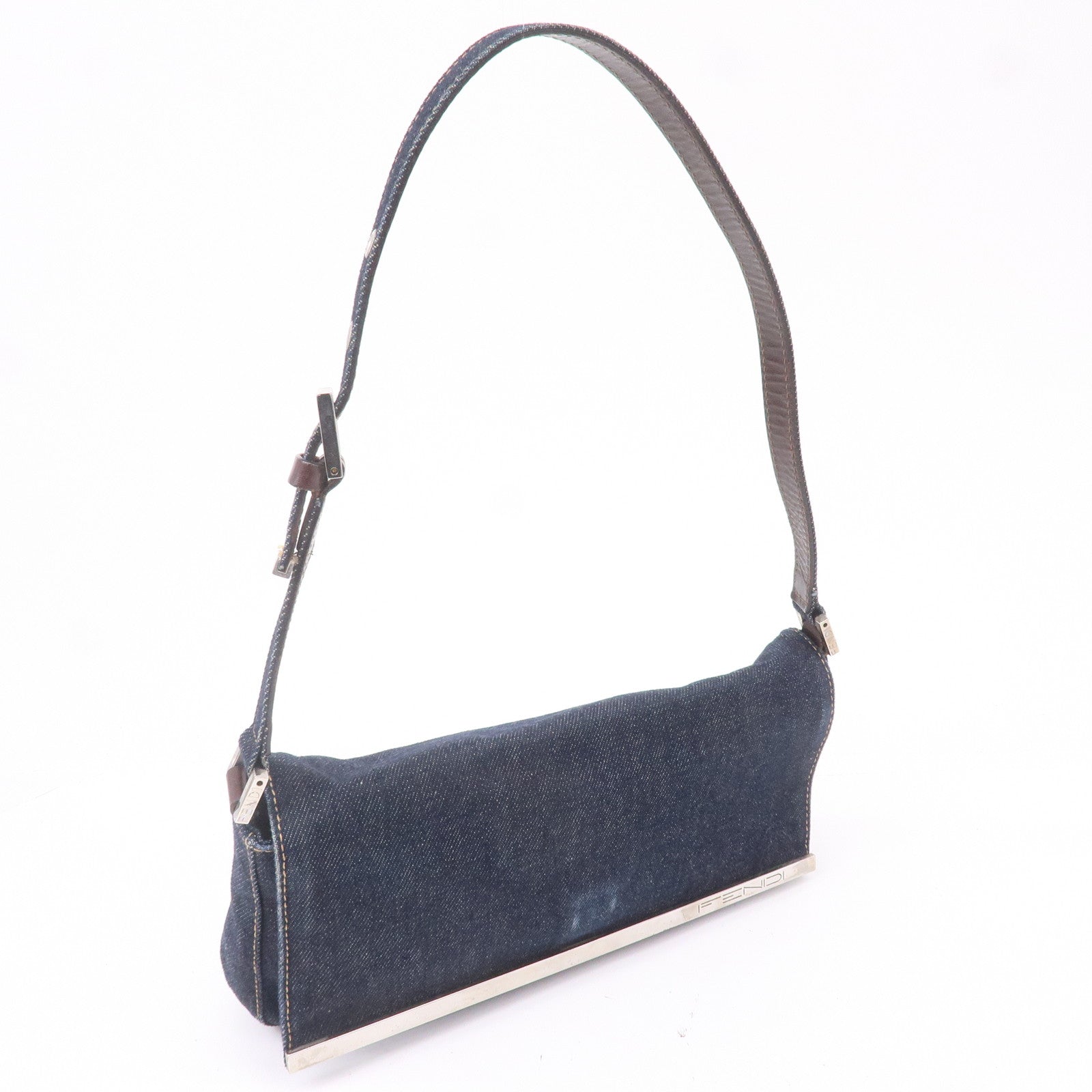 FNDI Denim Leather Shoulder Bag Hand Bag Navy Brown 26640