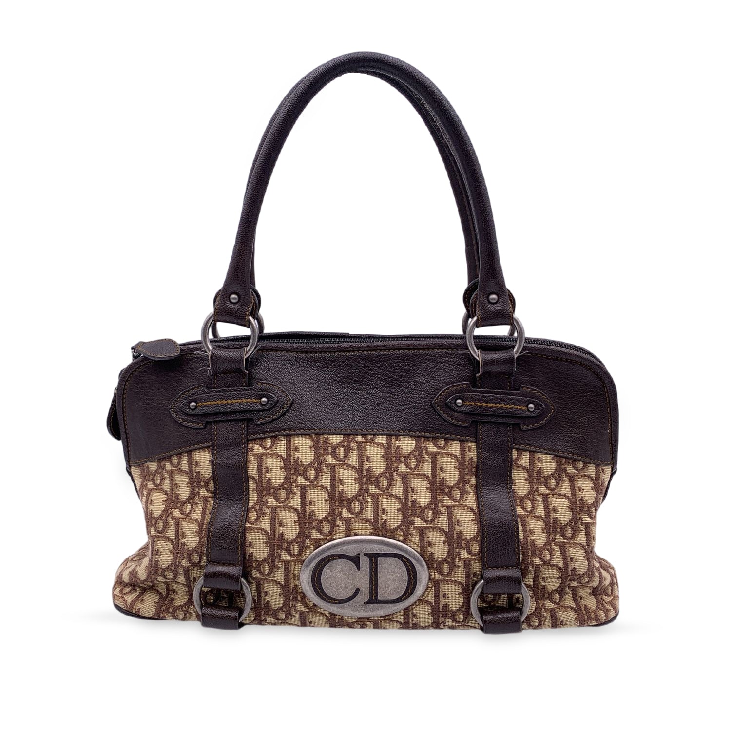 CHRISTIAN D1OR Brown Logo Oblique Canvas Satchel Shoulder Bag