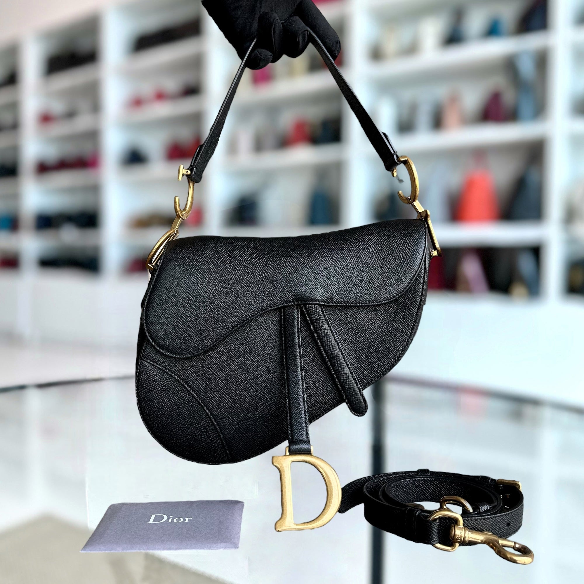 *New Version with Strap* D1OR Saddle Medium Grained Calfskin Black Golden Hardware
