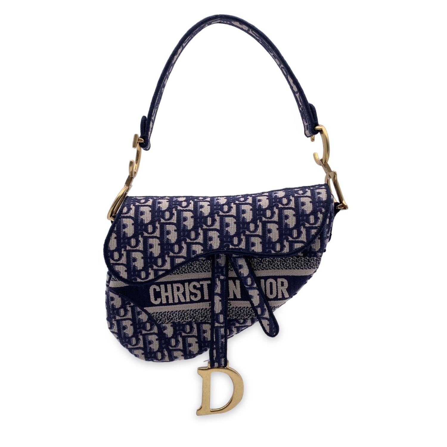 CHRISTIAN D1OR Blue Jacquard Oblique Canvas Embroidery Saddle Bag