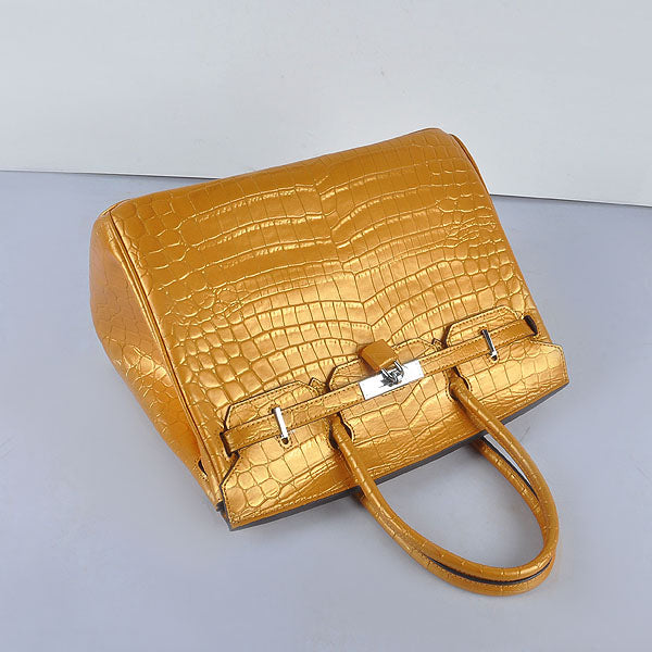 HMS Birkin 35cm 6089 New Golden Crocodile Vein Handbags Silver