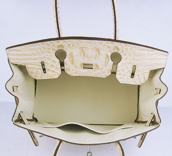 HMS Birkin 30cm Crocodile Head Vein Handbags Beige Silver