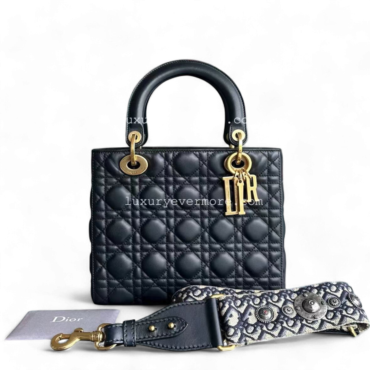 *Calfskin, Flap, With Strap* D1OR Lady Medium - Calfskin Cannage Calfskin Dark Blue Golden Hardware