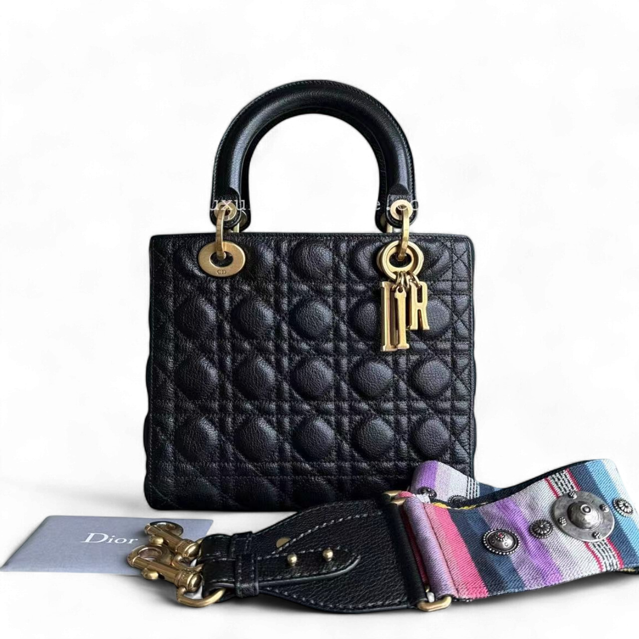 *Flap, Grained Calfskin* D1OR Lady Medium - Calfskin Cannage Black Gold Hardware