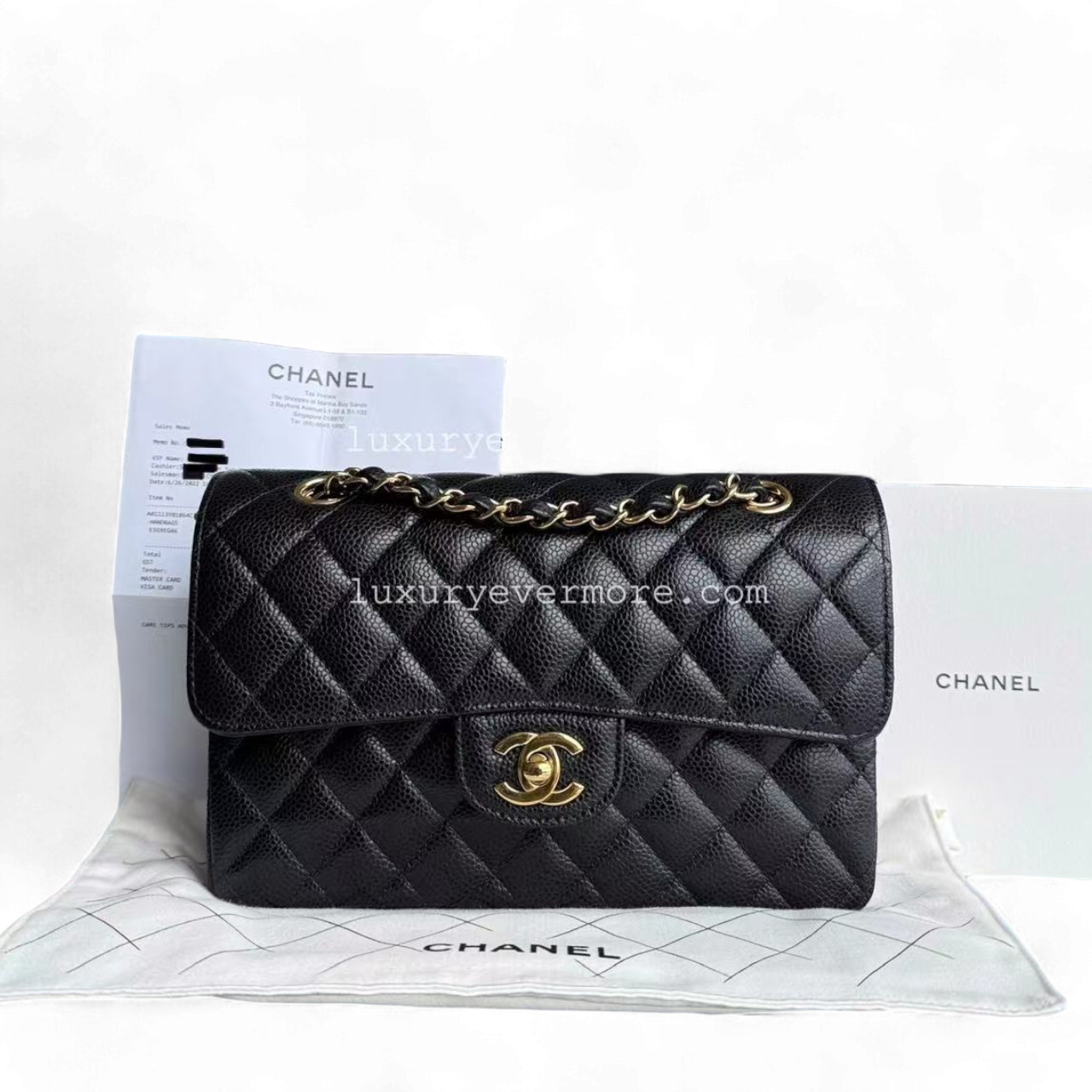 *Microchip, Full Set Receipt* CH Small Caviar Classic Flap Quilted Black Golden Hardware
