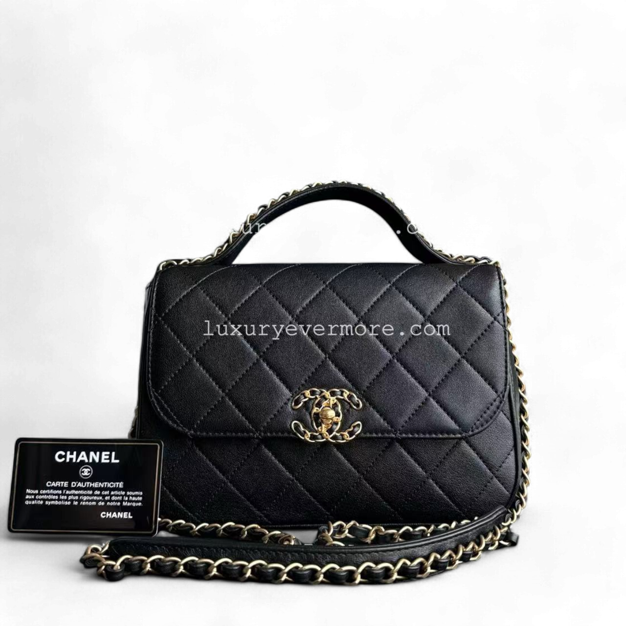 *Full Set, Receipt* CH Small 23CM Chain Infinity Top Handle Quilted Calfskin Black Golden Hardware Series 28 Shoulder Bag