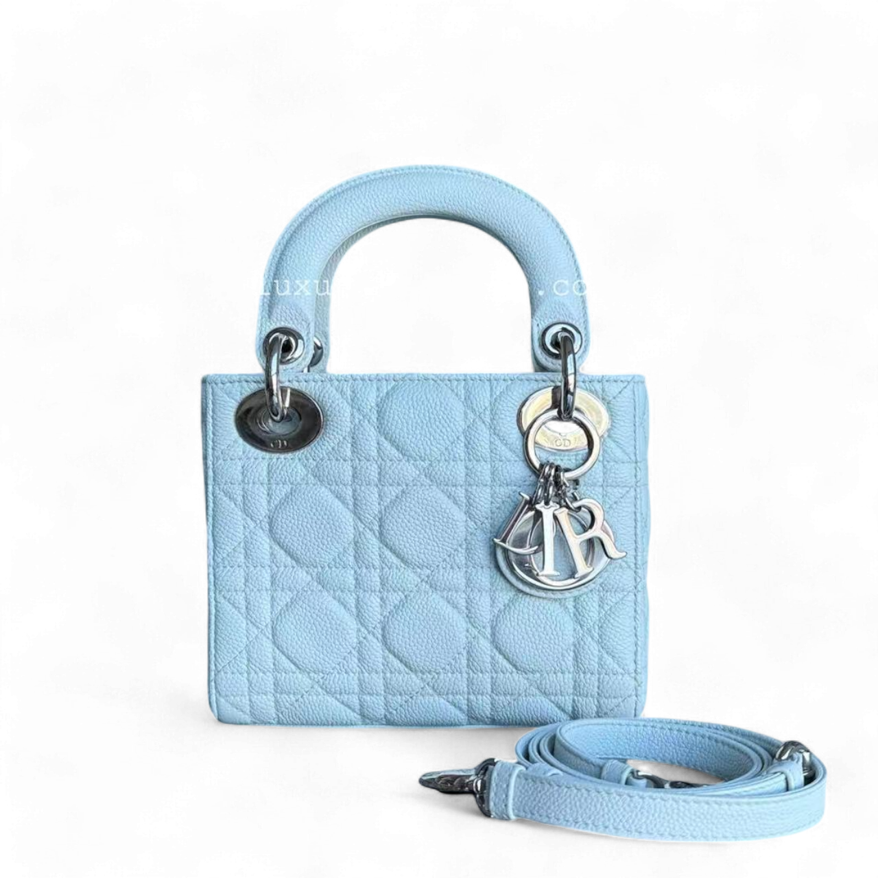 *Rare Caviar* D1OR Lady Mini - Cannage Grained Calfskin Glacier White Ice Blue Silver Hardware Adjustable Strap