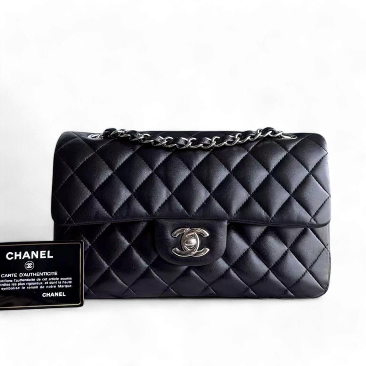 *Full Set, Receipt* CH Classic Flap Small - 23CM Quilted Lambskin Black Silver Hardware Series 27